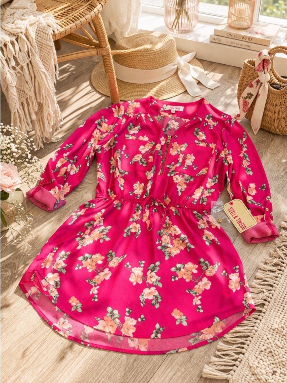 NWT Stella Tweed Floral Dress Hot Pink Zip Front Boho Derby Cottage